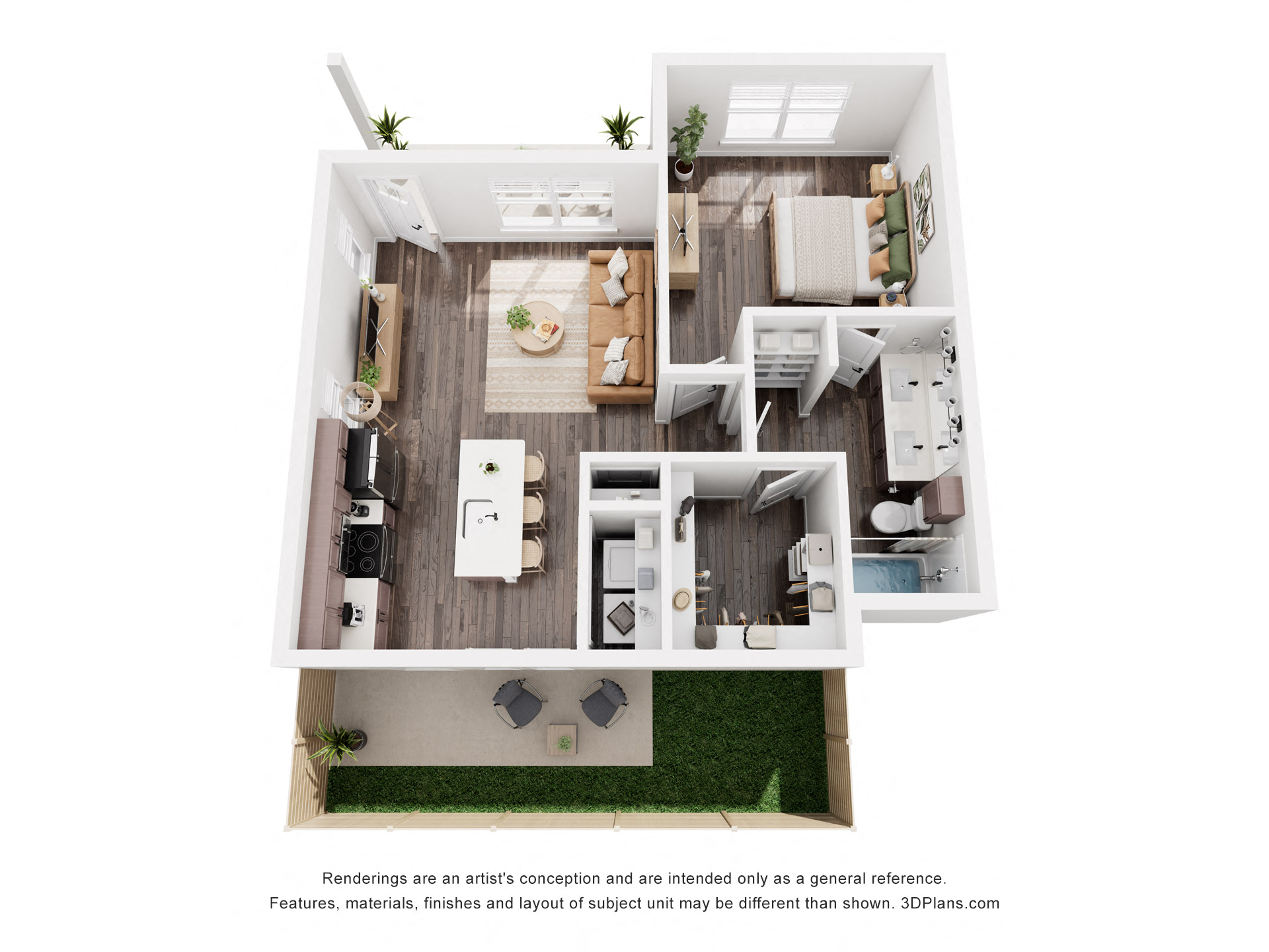 Floor plan for 1 bed, 1 bath, 670 sqft